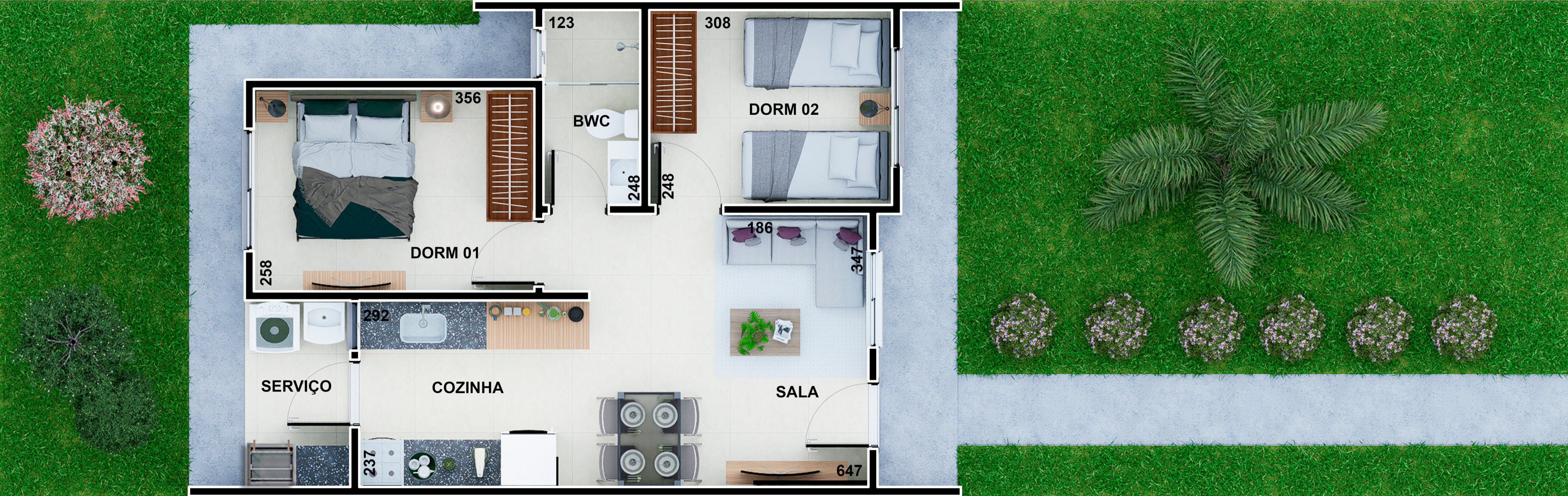 Planta humanizada Tipo 02A: dois quartos, sala, cozinha, banheiro e área de serviço